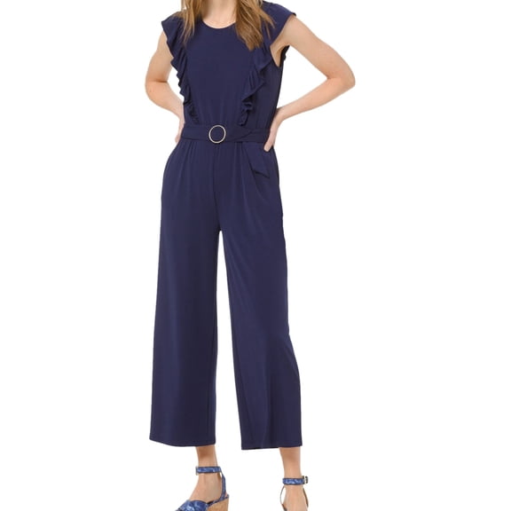 Michael Kors Womens Solid Ring Belt Jumpsuit, Blue, Petite, PS