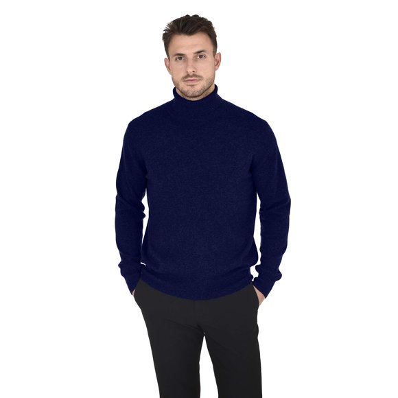 Cashmeren Men's Essential Knit Turtleneck Sweater 100% Merino Wool Long Sleeve Roll Neck Pullover (Navy, Large)