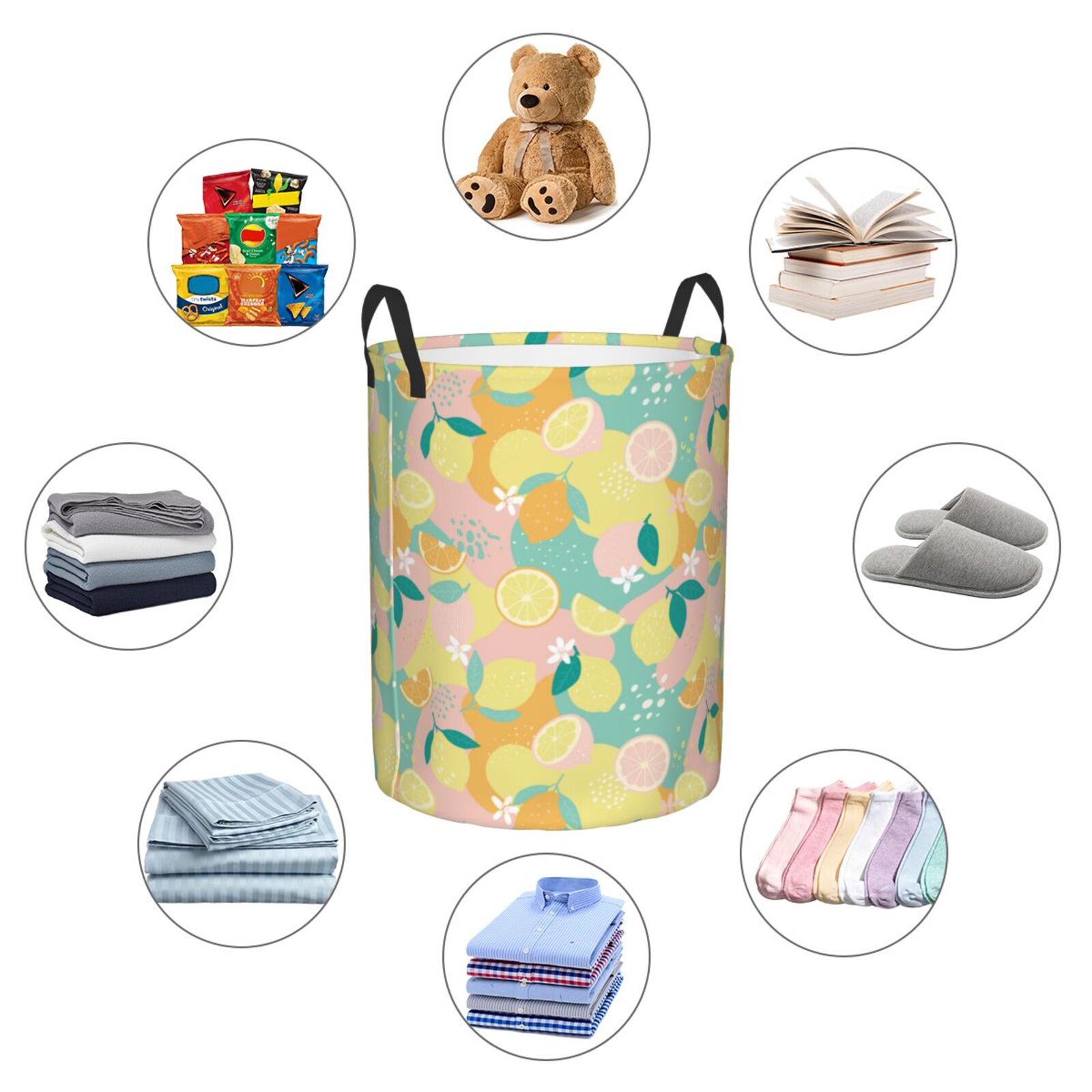 Large Laundry Basket with Handles - Cute Lemon Pink Blue Yellow Kids Baby Dirty Clothes Laundry Hamper for Bedroom Aesthetic