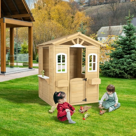 

Outdoor Wooden Playhouse for Kids Garden Adventures Cottage with Working Door Windows Flowers Pot Holder