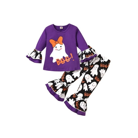 

xingqing 1-6Y Little Girls 2pcs Halloween Clothes Sets Ghost Print Long Sleeve Sweatshirt Tops+Flared Pants Purple 4-5 Years