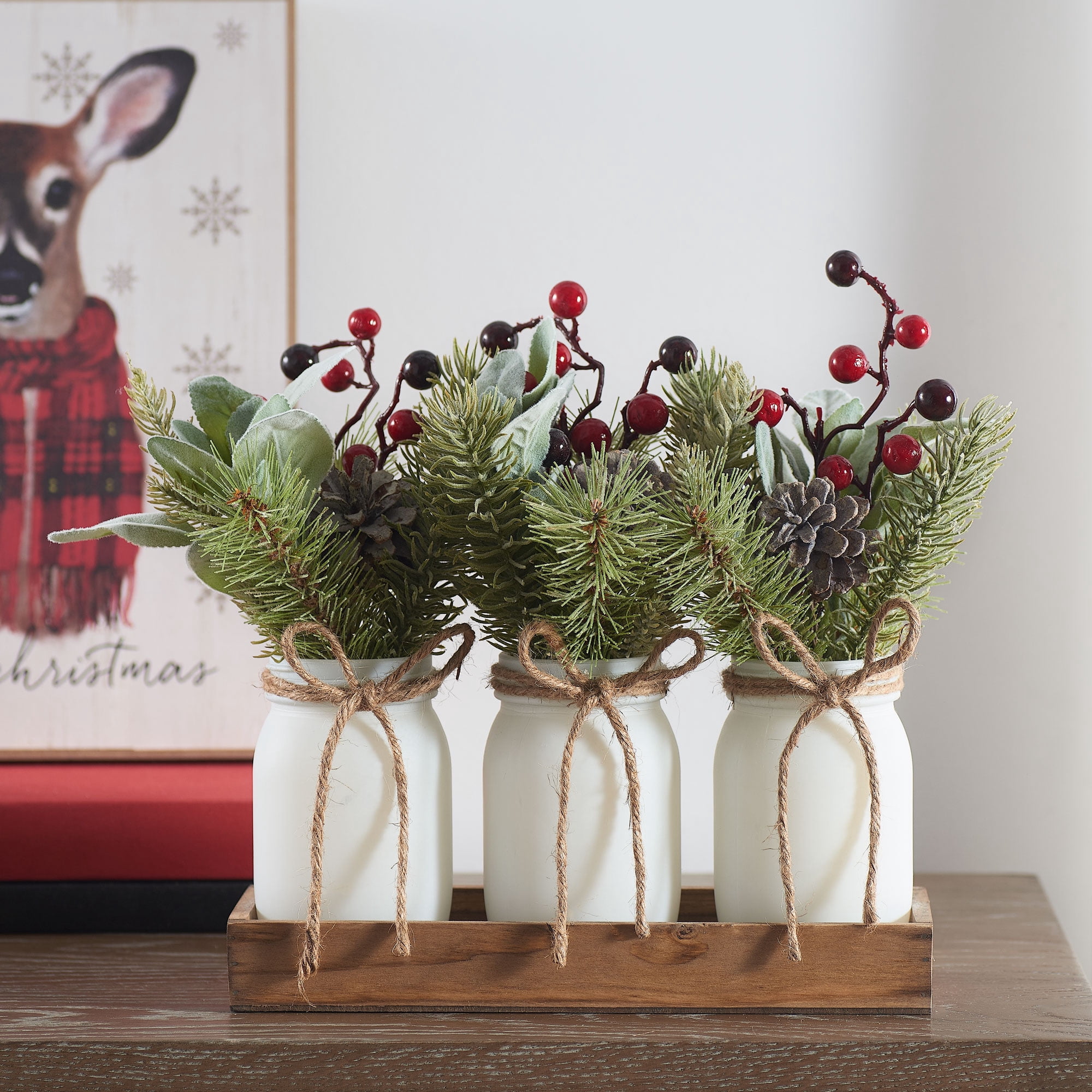 Holiday Time Artificial Liparis and Red Berry Mason Jar and Wood Rail Floral Arrangement