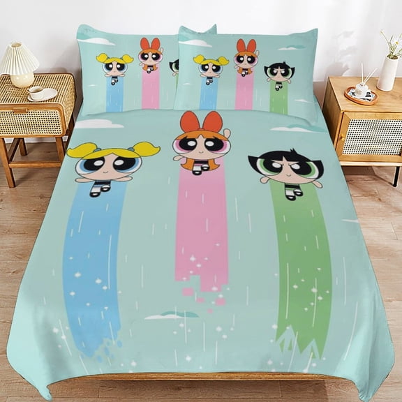 The Powerpuff Girls 3 Pieces Bedding Set 3D Printed Lightweight Bed Quilt Set Comforter Cover Set for Girls Kids Teens, 1 Quilt Cover 2 Pillowcases 86"x70"