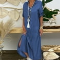 thumbnail image 6 of HEVIRGO Women Half Sleeve Side Slitting Hem V-neck Loose Long Denim Dress Streetwear for Daily Life, 6 of 8