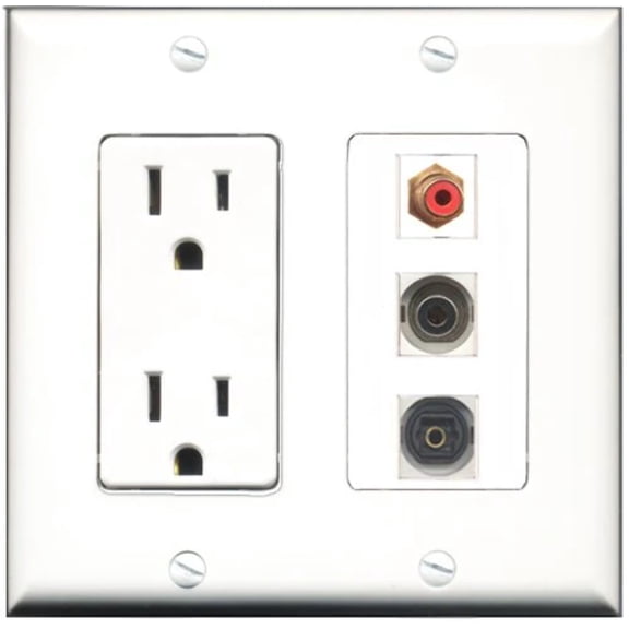 RiteAV - 15 Amp Power Outlet 1 Port RCA Red 1 Port Toslink 1 Port 3.5mm Decorative Wall Plate