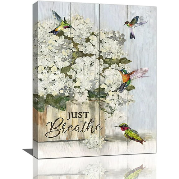 Farm Flower Bathroom Decor Wall Art Rustic Farmhouse Floral Hummingbird Just Breathe Wooden Pictures Wall Decor Canvas Painting Prints Artwork Home Decorations Framed for Bedroom Kitchen 16"x20"