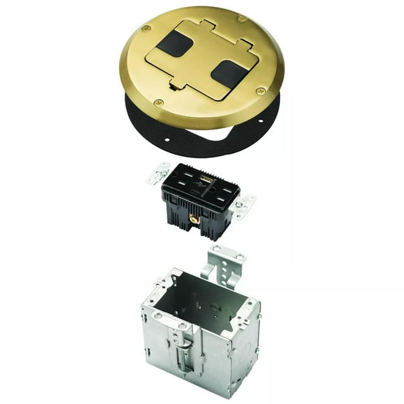RACO Floor Box Kit 6239ACBP Brass 15A/125V Duplex Receptacle Outlet with USB Ports, Single Gang Electrical Box for Wood Sub-Floor with 3.1A/5V Type A and C USB Outlet Receptac