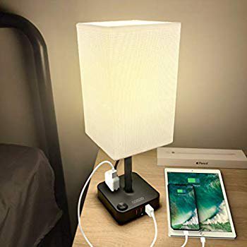 Usb Bedside Table Desk Lamp With 3 Usb Charging Ports And 2 Outlets Power Strip Black Charger Base With White Fabric Shade Led Light For Bedroom Nightstand Living Room Walmart Com Walmart Com
