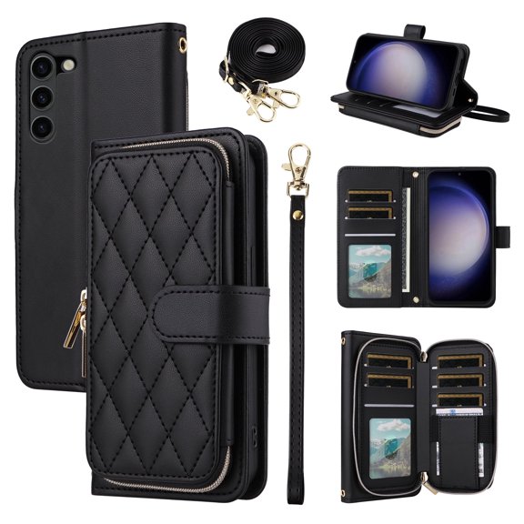 Furiet Wallet Case for Samsung Galaxy S23 Plus S23  5G with Wrist Strap Shoulder Strap Card Slots Zipper Purse, Leather Stand Phone Cover for S23plus 23S   S 23 23  SM-S916U 6.6 inch Women Black