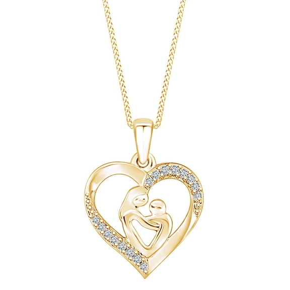 AFFY 1/10 Carat Round White Natural Diamond Mom Heart Pendant Necklaces In 10K Solid Yellow Gold (I-J Color , I2-I3 Clarity ,0.10 Cttw)