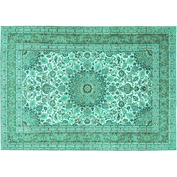 Ahgly Company Machine Washable Indoor Rectangle Medallion Turquoise Blue Traditional Area Rugs, 4' x 6'