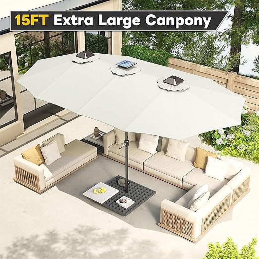 AECOJOY 15ft Patio Umbrella with Solar Lights, Large Double Umbrella Outdoor Patio, Rectangle TableUmbrella with 156 PCS LED Lights and Crank Handle for Backyard Deck Pool Shade in Beige