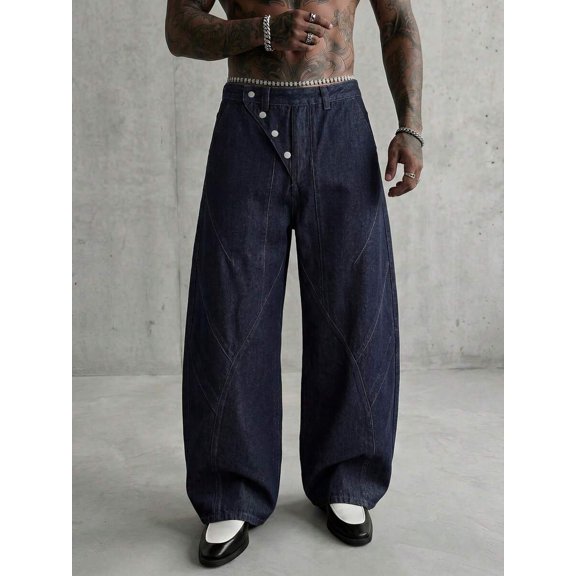 Men's Asymmetrical Button Wide Leg Jeans, Loose Oversized Fit Casual Trousers, Deconstructed Streetwear Pants