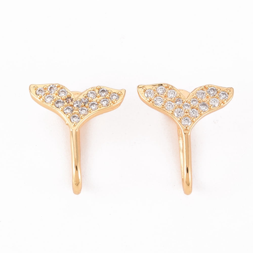 50pcs Brass Micro Pave Clear Cubic Zirconia Cuff Earrings Whale Tail Shape Nickel Free golden 16x13x1.5mm