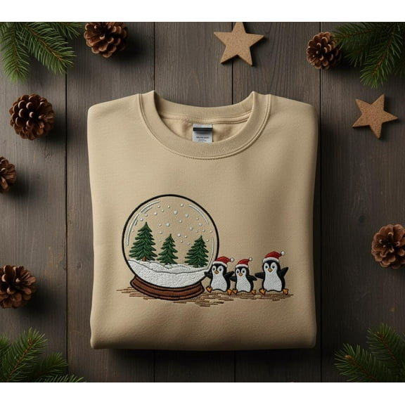 Cute Penguins and Snow Globe Embroidered Christmas Sweatshirt, Cozy Holiday Pullover, Winter Wonderland Gift Idea