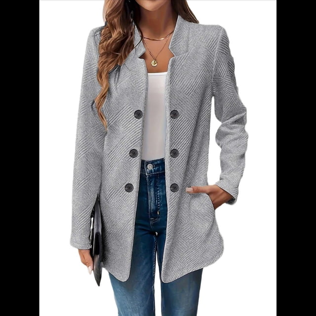 Blazer de Mujer con Cuello Alto, Informal, de Larga, Cruzado, Elegante, para Oficina y Negocios Gris M