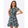 thumbnail image 2 of DARING DIVA Ruffled Sleeve Chiffon A-Line Floral Ruffle Minidress L Navy Blue, 2 of 6