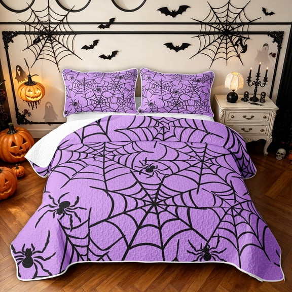 Feelyou Happy Halloween Spider Web Twin Quilt Set, Spooky Animal Twin Coverlet Set, Purple Black, 2-Piece, 1 Comforter and 1 Pillowcase