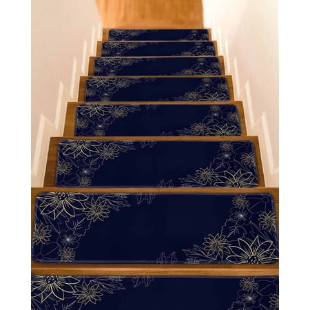 Retro Flower Stair Treads for Wooden Steps Indoor Runner Rug Carpet Vinatge Minimalistic Abstract Florals Botanical Plants 4 Pieces Peel and Stick Staircase Step Treads Covers Throw Door Mats 30 x8