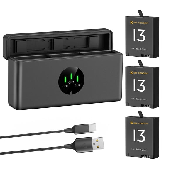 K&F Concept 3-Pack Enduro Hero13 Batteries and Upgraded Fast Charger Compatible with GoPro Hero 13 Black Camera