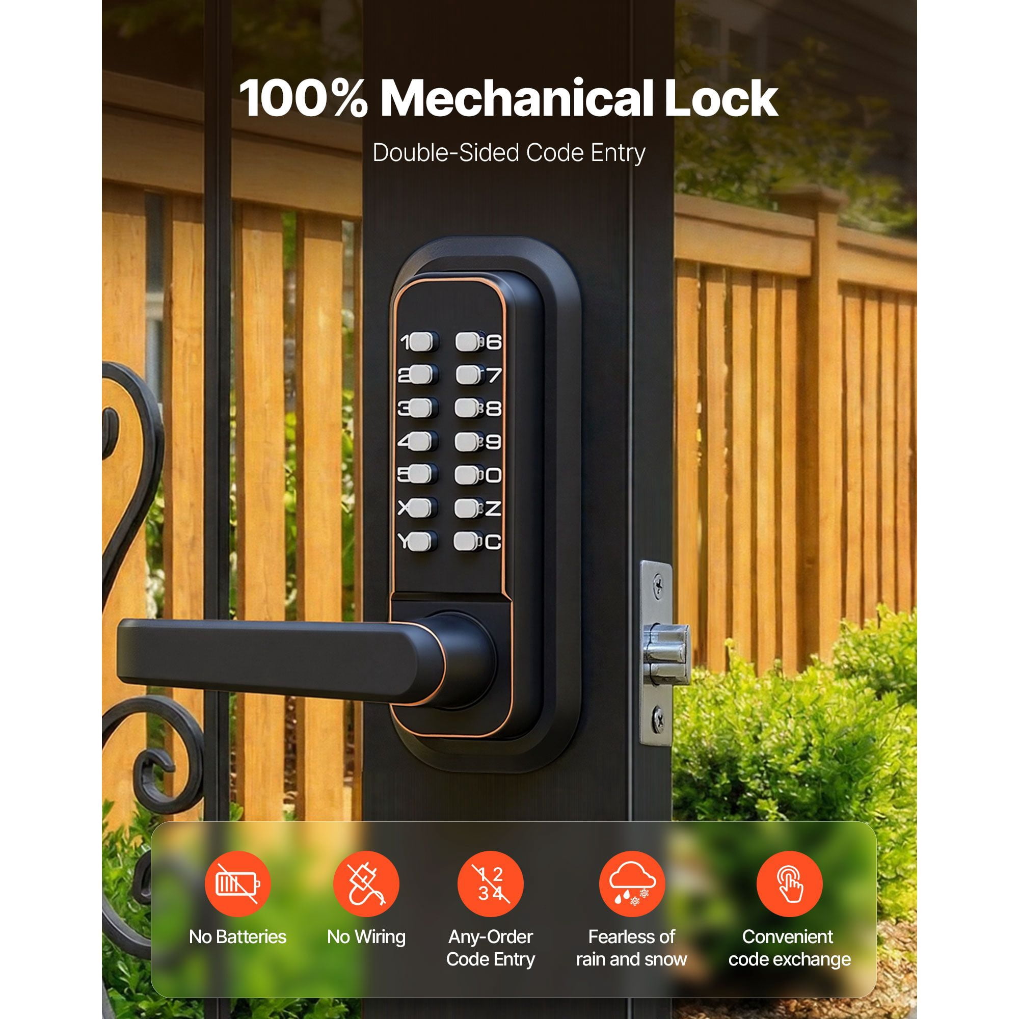 Mechanical Keyless Door Lock Gen2 Double-Sided 4-7 Digit Code No Batteries 1.4-2.5 Inch Door Thickness for Front Gate