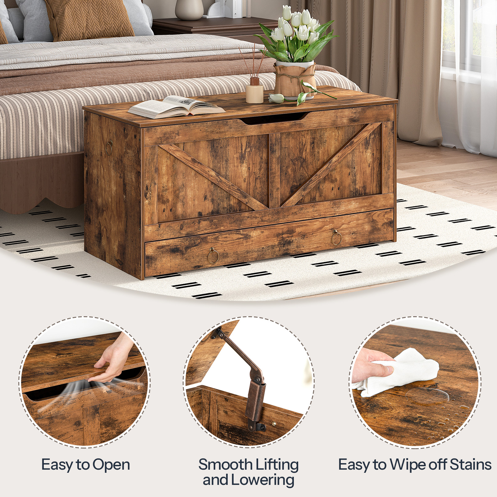 HOOBRO Storage Chest, 39.3" Toy Chest with Drawer, Wooden Storage Bench, Sturdy Entryway Bench Supports 220 lb, Shoe Bench, Safety Hinge, U-Shaped Opening, Easy Assembly, Rustic Brown FG710CW01G1