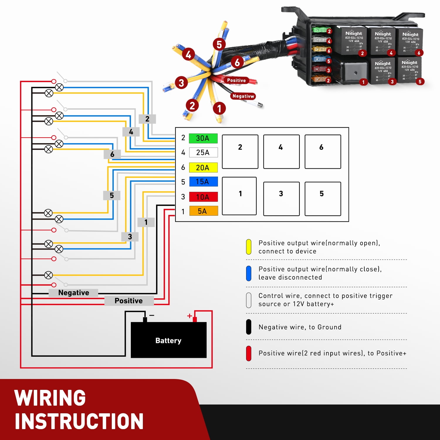 Nilight 12V Fuse Relay Box 6 Relays 6 Slots ATC/ATO Blade Fuse Holder 4Pin 5Pin  40A Relay Pre-Wired Waterproof Block Kit Universal for Automotive Car Truck Camper Boat