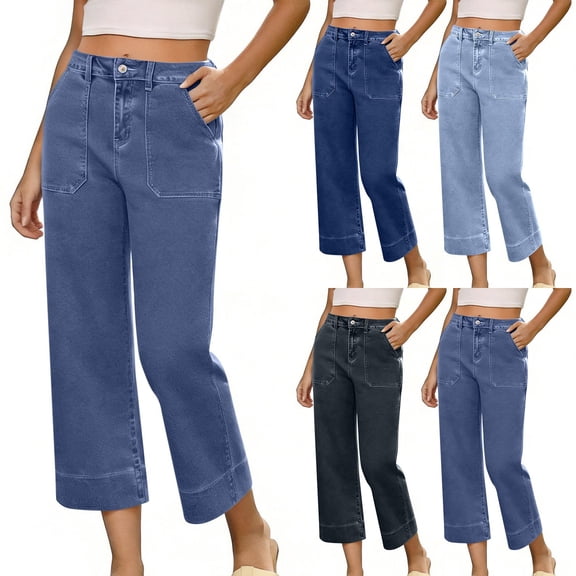 Women's High Waisted Stretchy Wide Leg Cropped Jeans Pull On with Pockets Summer