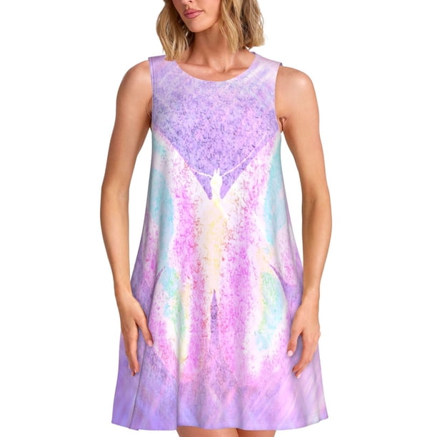 Fotbe Purple Sparkling Butterfly Vestido de Verano sin Mangas para Mujer – Vestido Midi Línea A, Estilo Camiseta Floral, Vestido Playero Casual y Fluido