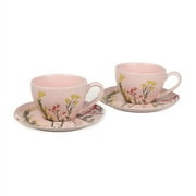 Cookspire - Durable Porcelain Tea Cups and Saucers, Set of 2 (275 ml/ 9.2 fl oz), Cappuccino cups, Latte cups, Tea cup set; pink floral design Tea sets for adults