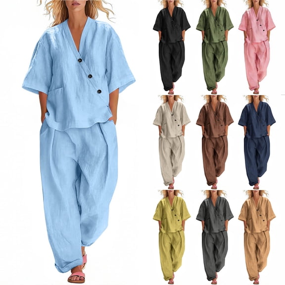 OVAFBAU Women 2 Piece Loungewear Set Beach Vacation Sweatsuit Tracksuit Set Women's Summer Cotton Linen V Neck Top Wide Leg Pants Comfortable Outfits Set Summer Outfits
