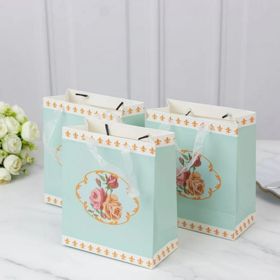 BalsaCircle 12 Turquoise 6x7 in Vintage Rose Floral Paper Gift Bags with Ribbon Handles Party Events Wedding Decorations Supplies
