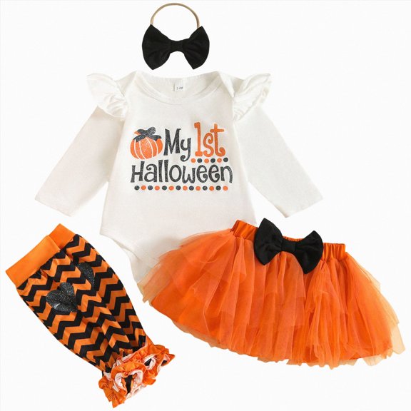 Xudanell Newborn Baby Girl My 1st Thanksgiving Outfit Romper Top, Mesh Short Pants, Leg warmers with Headband Clothes Set (Orange, 12-18 Months)