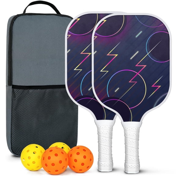 Pickleball Paddles Set Of 2, Fiberglass Surface, Colorful Geometry Print, 4 Balls & Bag