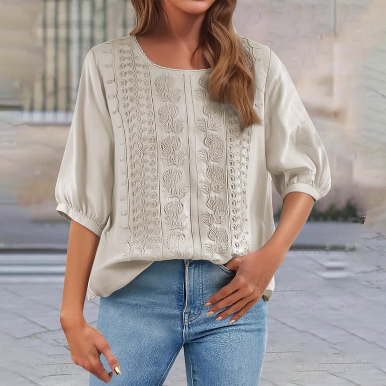 Embroidered Tunic Tops for Women, Yigetop Women's Fashionable Casual Solid Color Pleated Cotton and Linen Tops Shirts and T Shirts Retro Blouses for