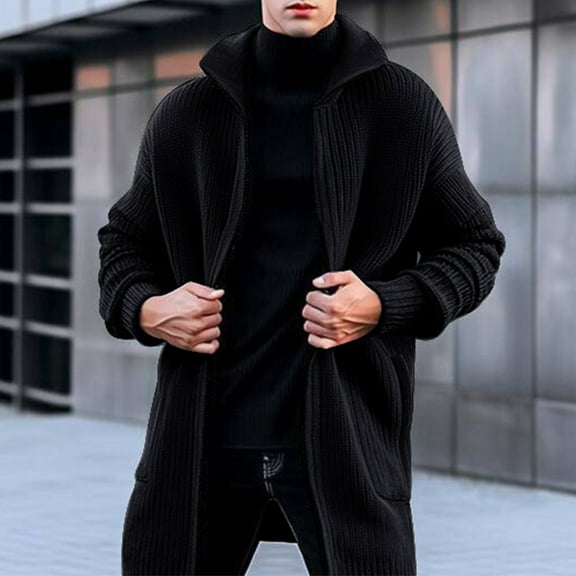 Long Cardigans for Men Knitting Cotton Sweater Open Front Windbreaker Soft Ribbed Outerwear Jackets