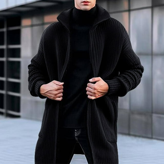 KIHOUT Mens Shawl Collar Long Cardigan Knit Stand Callor Solid Color Fashion Sweater Drape Cape