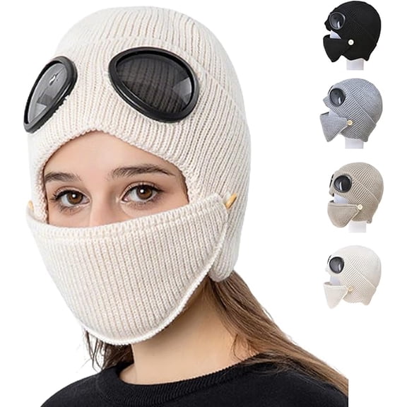 Unisex Winter Ski Beanie Hat with Goggles and Detachable Mask,3-in-1 Unisex Knitted Goggles Beanie,Winter Warm Hat(Beige)