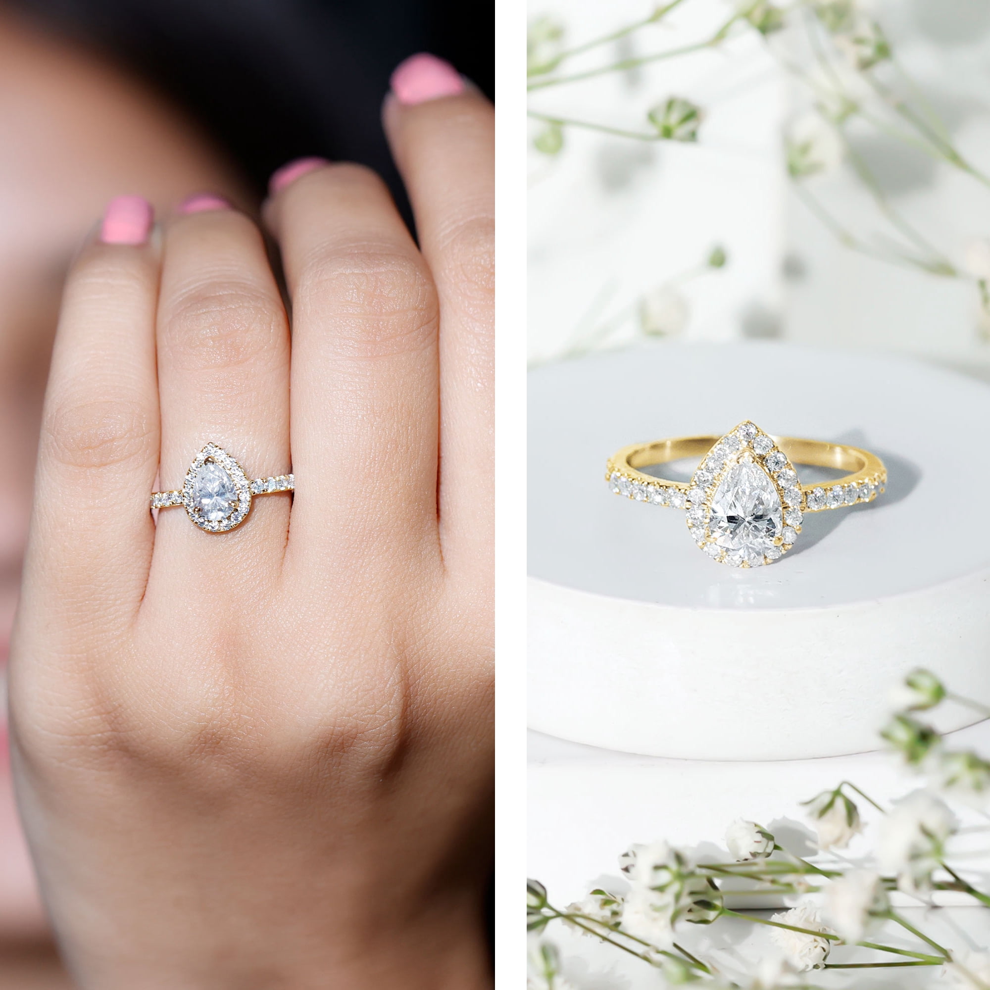 Rosec Jewels Teardrop Engagement Ring for Women - Pear Shape Moissanite (5X7 mm, D-VS1 Quality), 14K Yellow Gold, US 6.50