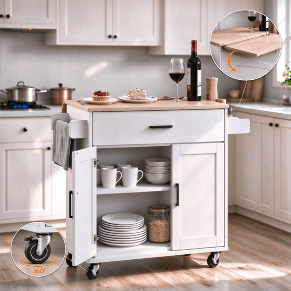 38-inch Rolling Kitchen Island Cart with Drop Leaf, Mobile Kitchen Center with Storage Cabinet, Drawer, Spice Rack and Towel Holder, White