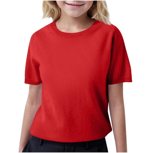 Posijego Chandail à Manches Courtes pour Filles, Col Rond, Tricoté, Été