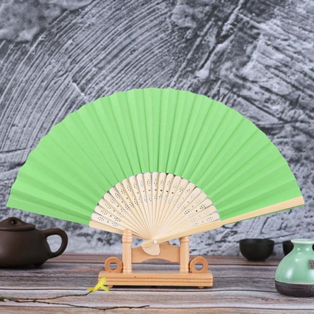 Abanico de papel plegable de 7 pulgadas 007 verde, abanico de mano sólido de encaje de boda de danza de color sólido