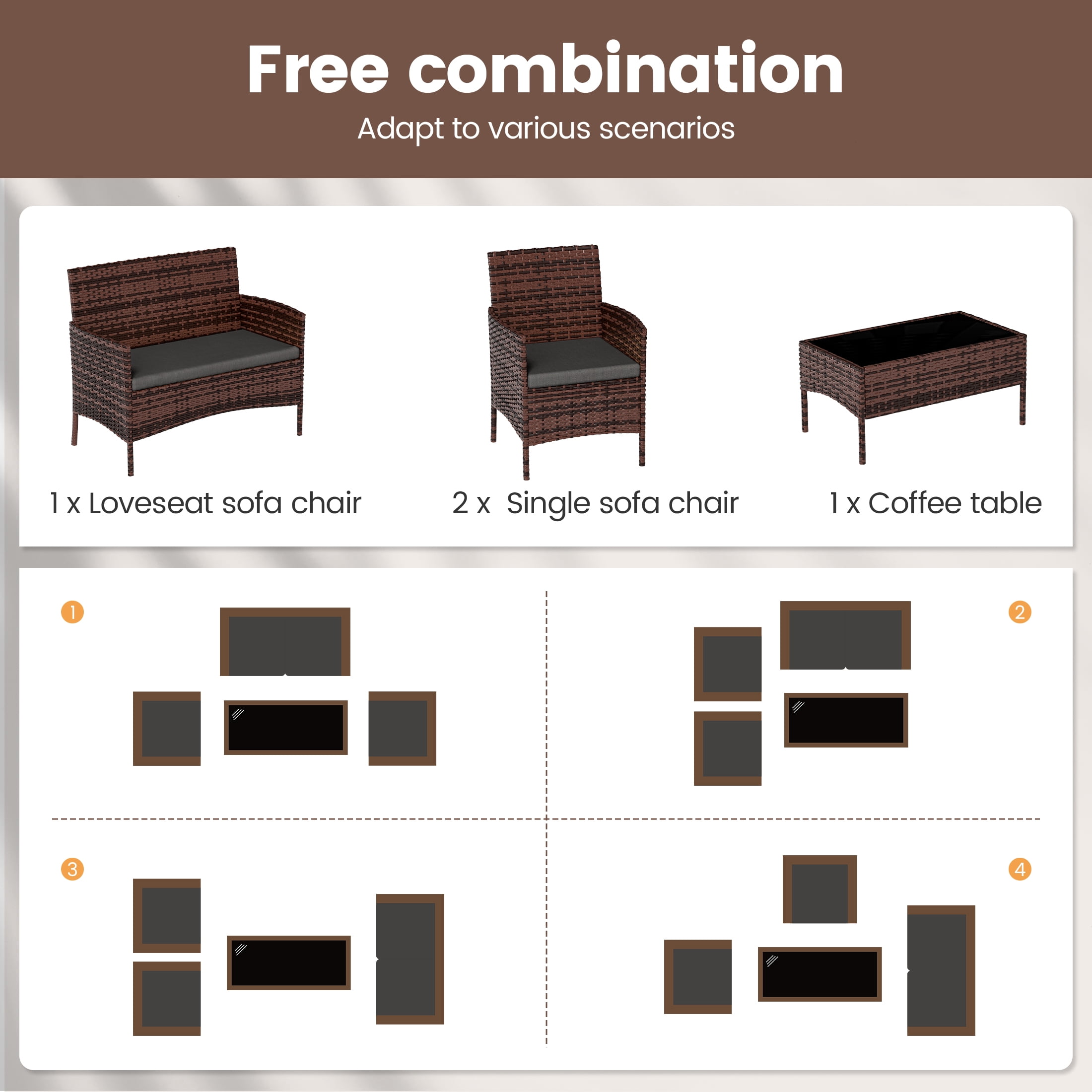 UDPATIO 4 Pieces Outdoor Patio Furniture,Sectional Conversation Sets,Brown PE Rattan Patio Chairs with Table and Loveseat for Balcony, Porch, Backyard,（Gray Cushion）