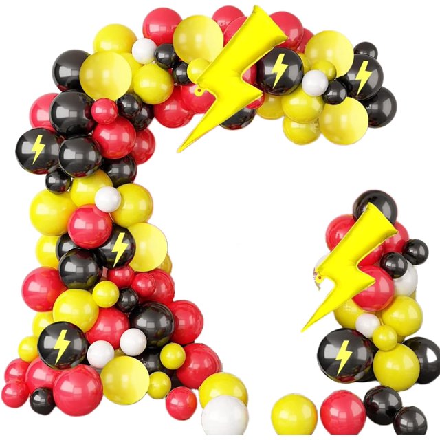 SINGOMON Ensemble de 121 Pcs d'Arche de Ballons Éclair Jaunes, Kit de Guirlande de Ballons Rouges, Noirs et Jaunes, Ballons en Feuille Éclair, Ballons Imprimés Éclair pour Décorations d'Anniversaire, Décorations de Shower de Bébé
