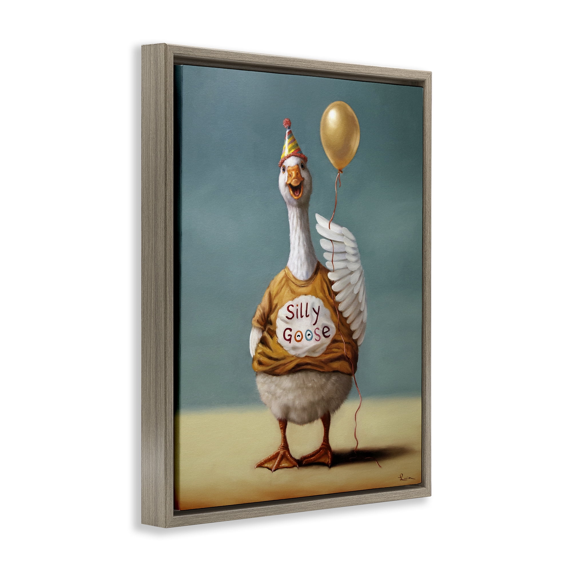 Stupell Industries Silly Goose with Balloon Brown Framed Floater Canvas Wall Art, design by Lucia Heffernan