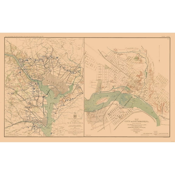 Historical Civil War Map - Washington Richmond Virginia Defenses- Bien 1894 - Vintage Wall Art