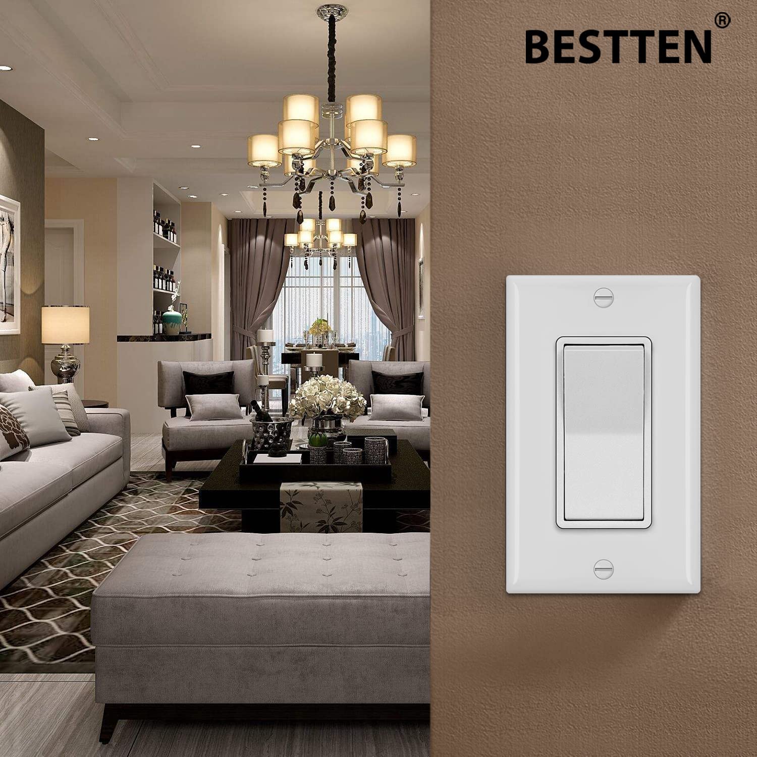 [10 Pack] BESTTEN Single Pole Decorator Wall Light Switch with Wallplate, 15A 120/277V, On/Off Rocker Paddle Interrupter for LED and other Lamps, UL Listed, White - image 2 of 7