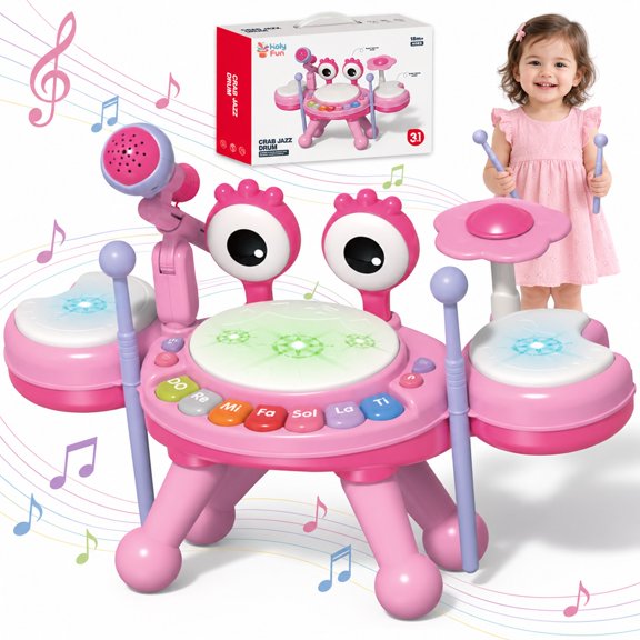 HOLYFUN Toddler Eelectric Drum Set, Baby Drum with Microphone, Cymbal, Detachable Legs, Montessori Learning Toys, Musical Toys for Baby Toddler Girls