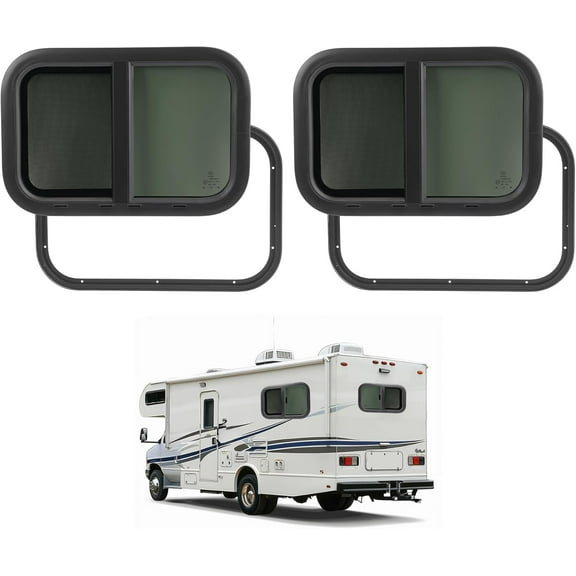 KOJEM RV Windows 21" W x 14" H w/Mesh Screen & Trim Ring 2 Pack Horizontal Window Tinted Universal Teardrop Side Window For Truck Camper Trailer Tempered Glass Aluminium Plastic Rubber Black