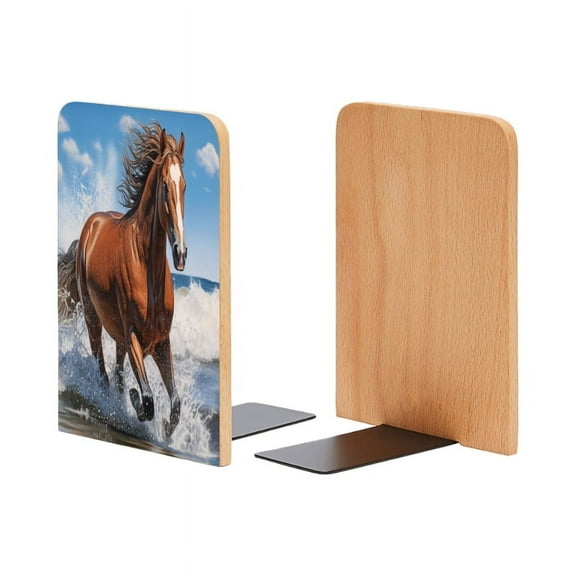 Bookends 1 Pair Non-Skid Bookend Wood Bookends for Shelves Book Stand for CDs - Brown Horse With White Markings Galloping Along The Beach